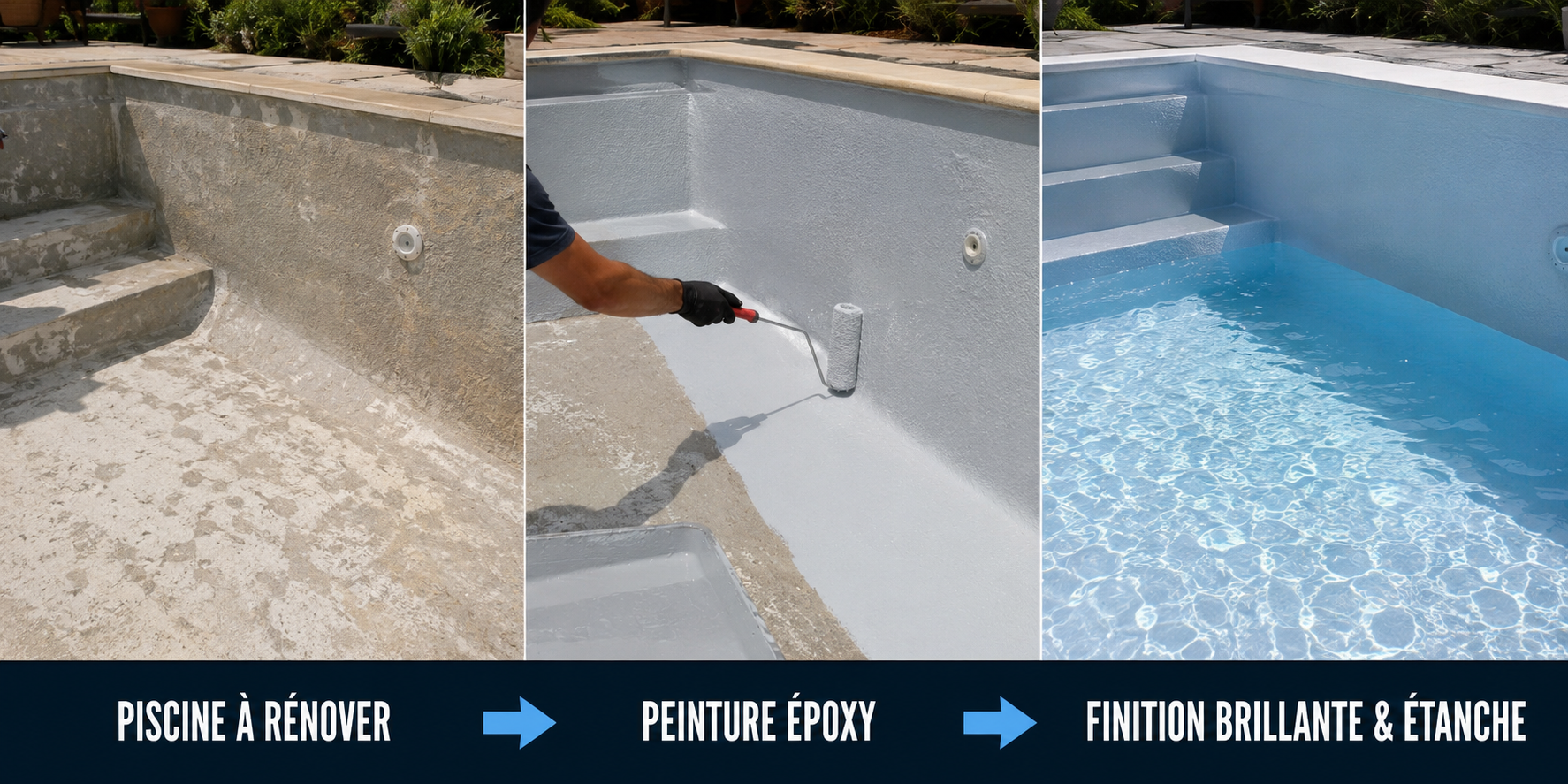Avant apr&egrave;s peinture &eacute;poxy piscine b&eacute;ton r&eacute;novation bassin